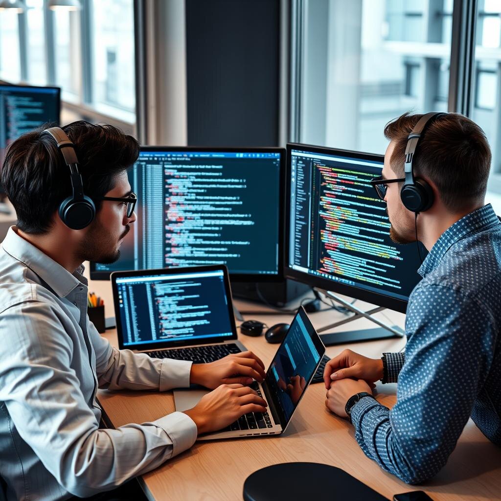 Web development team collaborating on code